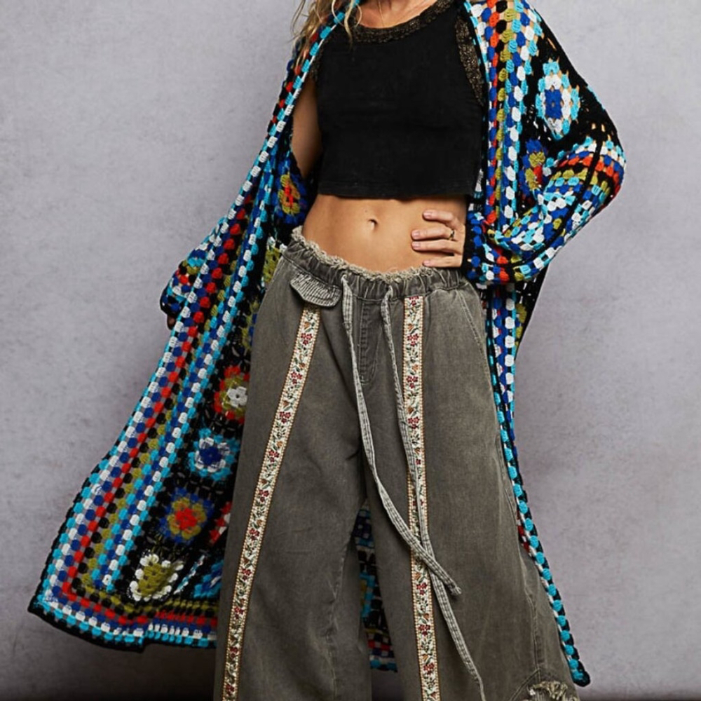 POL Granny Square Crochet Duster Cardigan | Boho Festival One Size - Picture 7 of 8